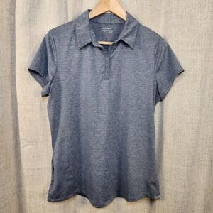Eddie Bauer Short Sleeve Athletic Polo Women L Blue Stripe Button Placket Pocket